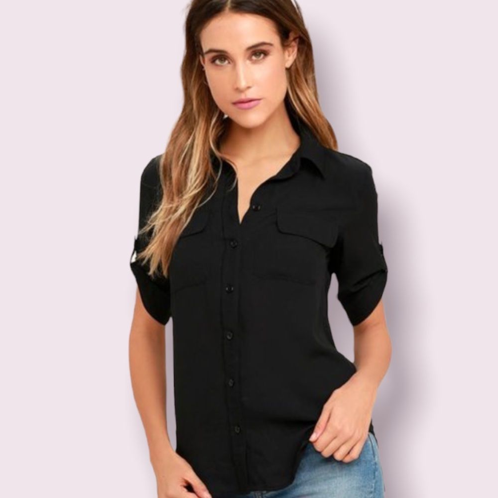 Lulus Best of Friends Black Button-up Short Sleeve Blouse Size M